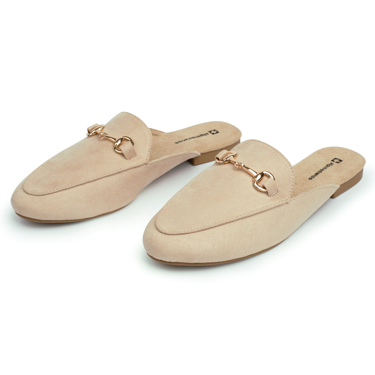 Alpine Swiss Erin Womens Flat Mules Loafers Round Toe Blackless Slide on Shoes – Microsuede Beige