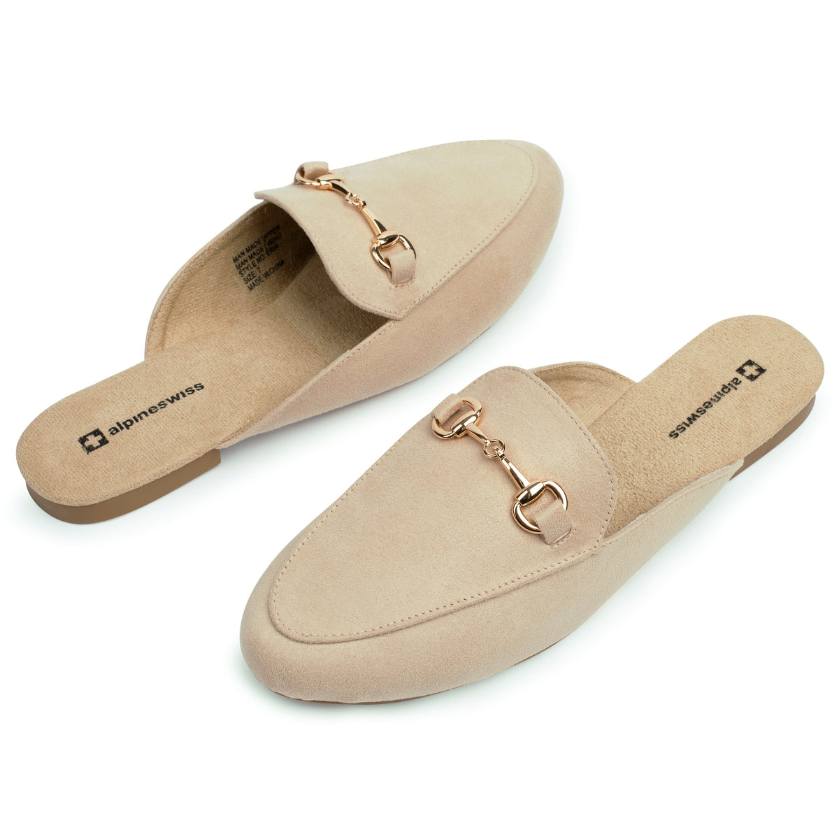 Alpine Swiss Erin Womens Flat Mules Loafers Round Toe Blackless Slide on Shoes – Microsuede Beige