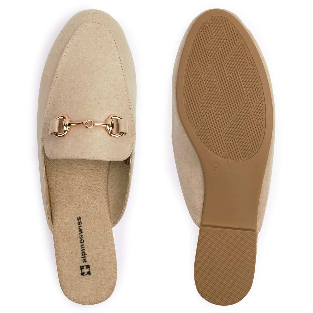 Alpine Swiss Erin Womens Flat Mules Loafers Round Toe Blackless Slide on Shoes – Microsuede Beige