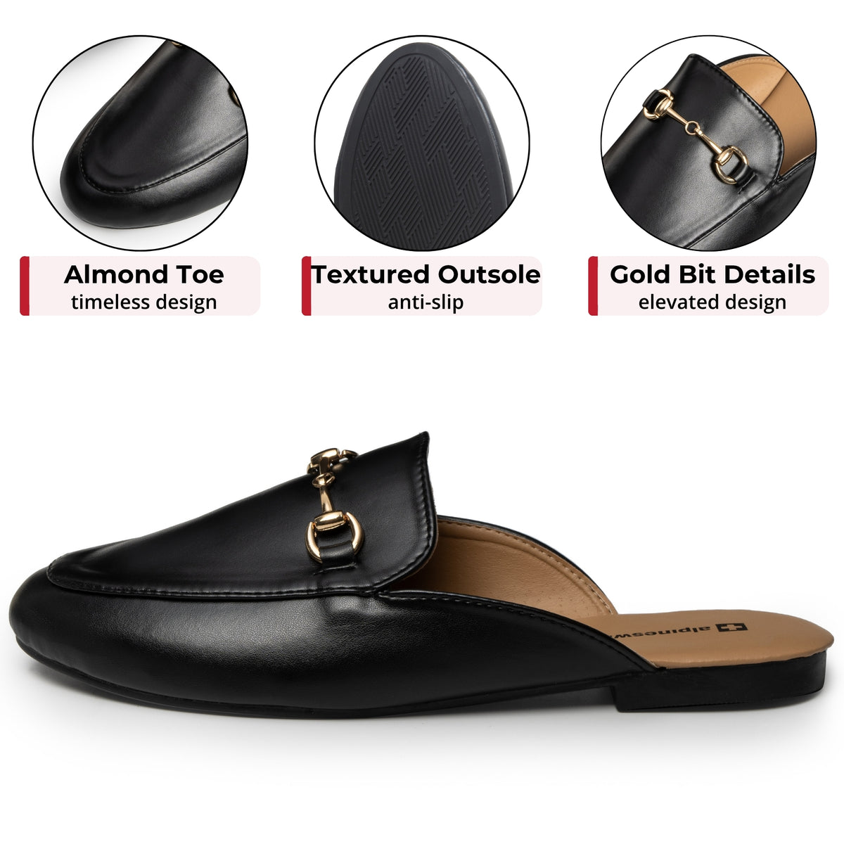 Alpine Swiss Erin Womens Flat Mules Loafers Round Toe Blackless Slide on Shoes – Black
