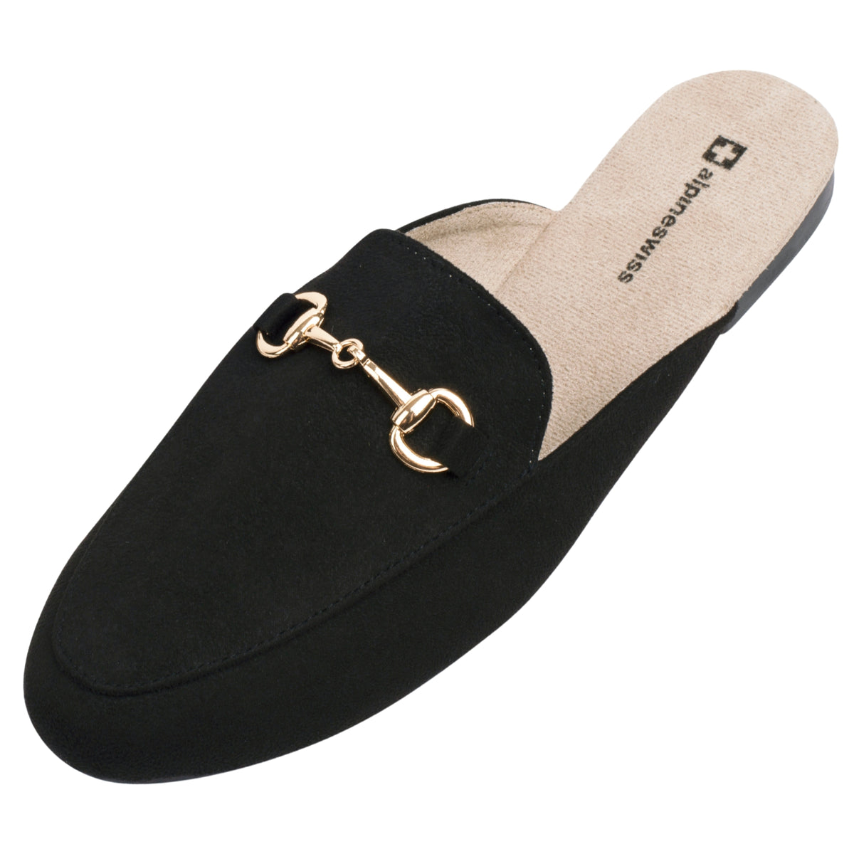 Alpine Swiss Erin Womens Flat Mules Loafers Round Toe Blackless Slide on Shoes – Microsuede Black