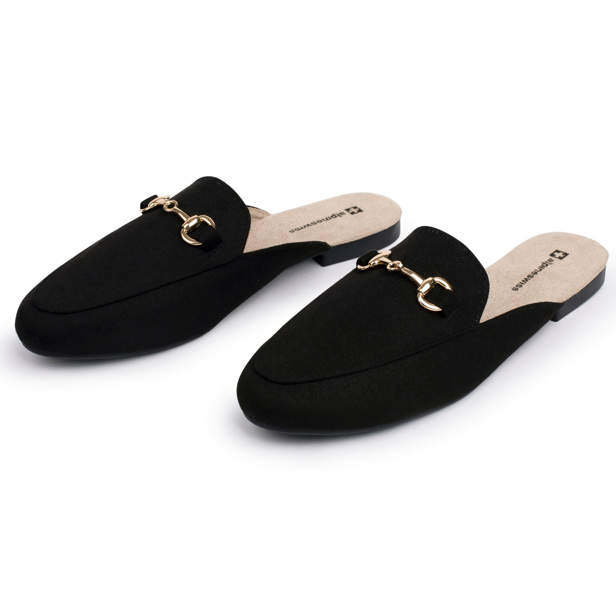 Alpine Swiss Erin Womens Flat Mules Loafers Round Toe Blackless Slide on Shoes – Microsuede Black