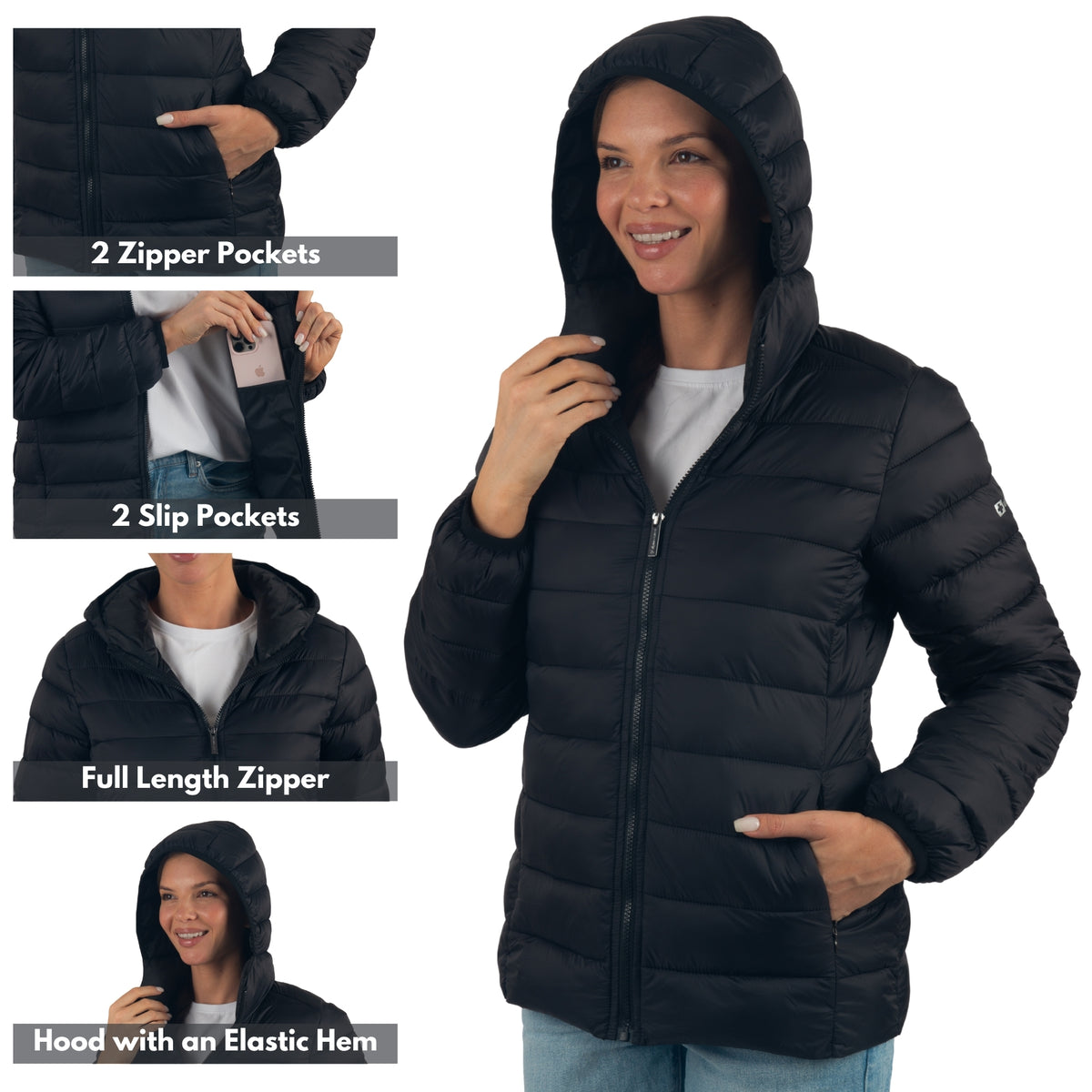 Alpine Swiss Eva Women’s Hooded Puffer Jacket – Black