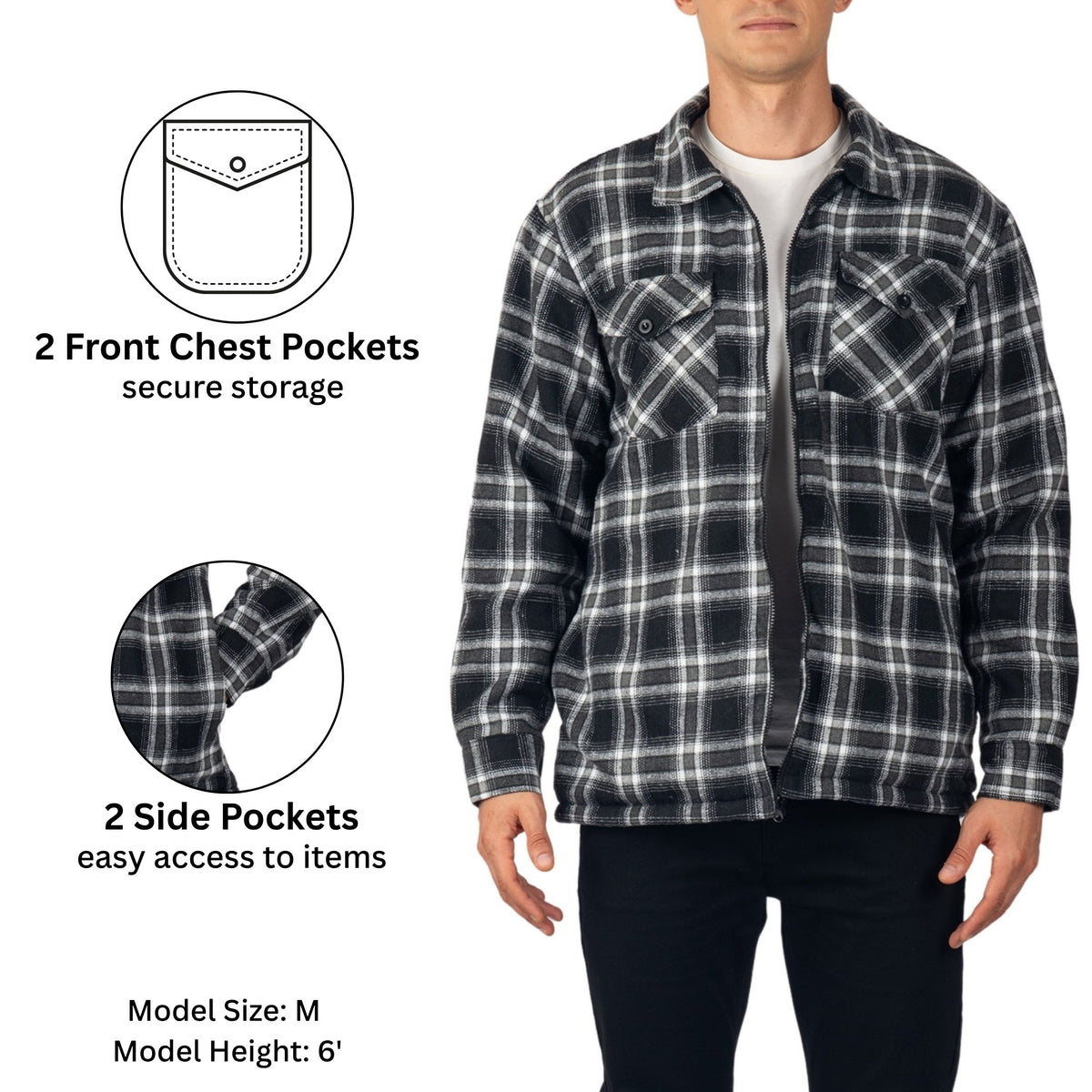 Alpine Swiss Felix Mens Fleece Flannel Jacket Heavyweight Zip-Up Plaid Shacket – Black Gray