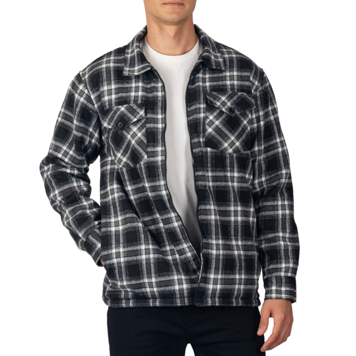 Alpine Swiss Felix Mens Fleece Flannel Jacket Heavyweight Zip-Up Plaid Shacket – Black Gray