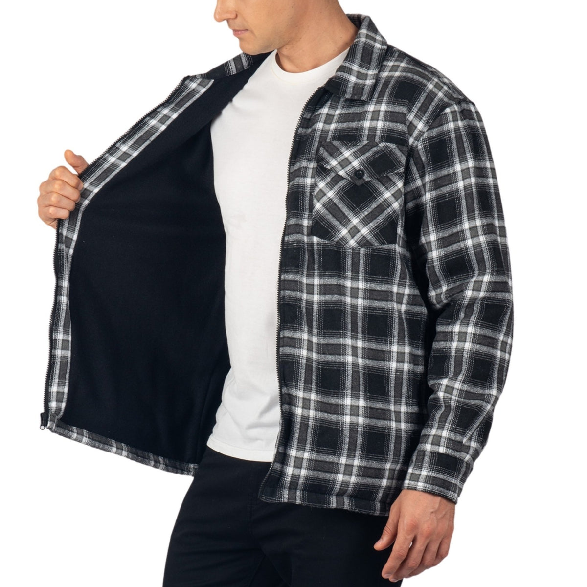 Alpine Swiss Felix Mens Fleece Flannel Jacket Heavyweight Zip-Up Plaid Shacket – Black Gray
