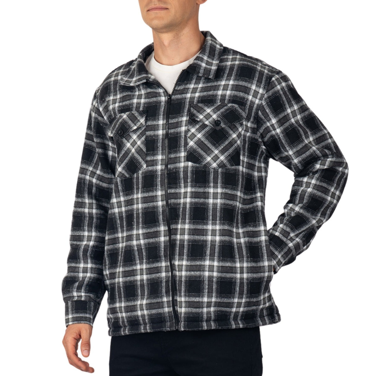 Alpine Swiss Felix Mens Fleece Flannel Jacket Heavyweight Zip-Up Plaid Shacket – Black Gray