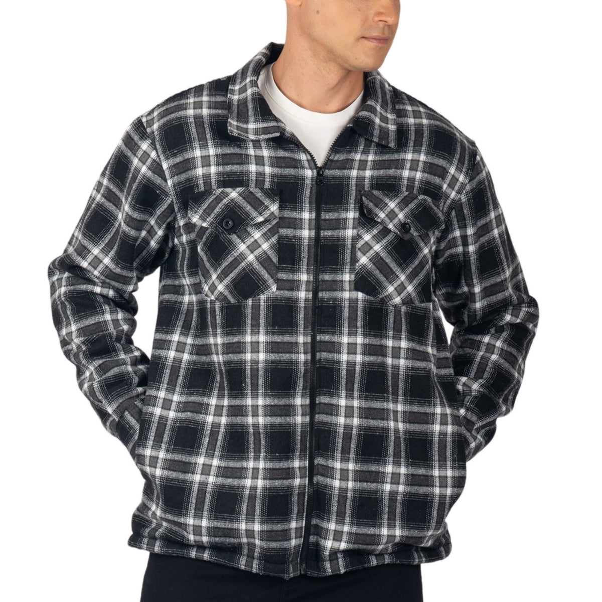 Alpine Swiss Felix Mens Fleece Flannel Jacket Heavyweight Zip-Up Plaid Shacket – Black Gray
