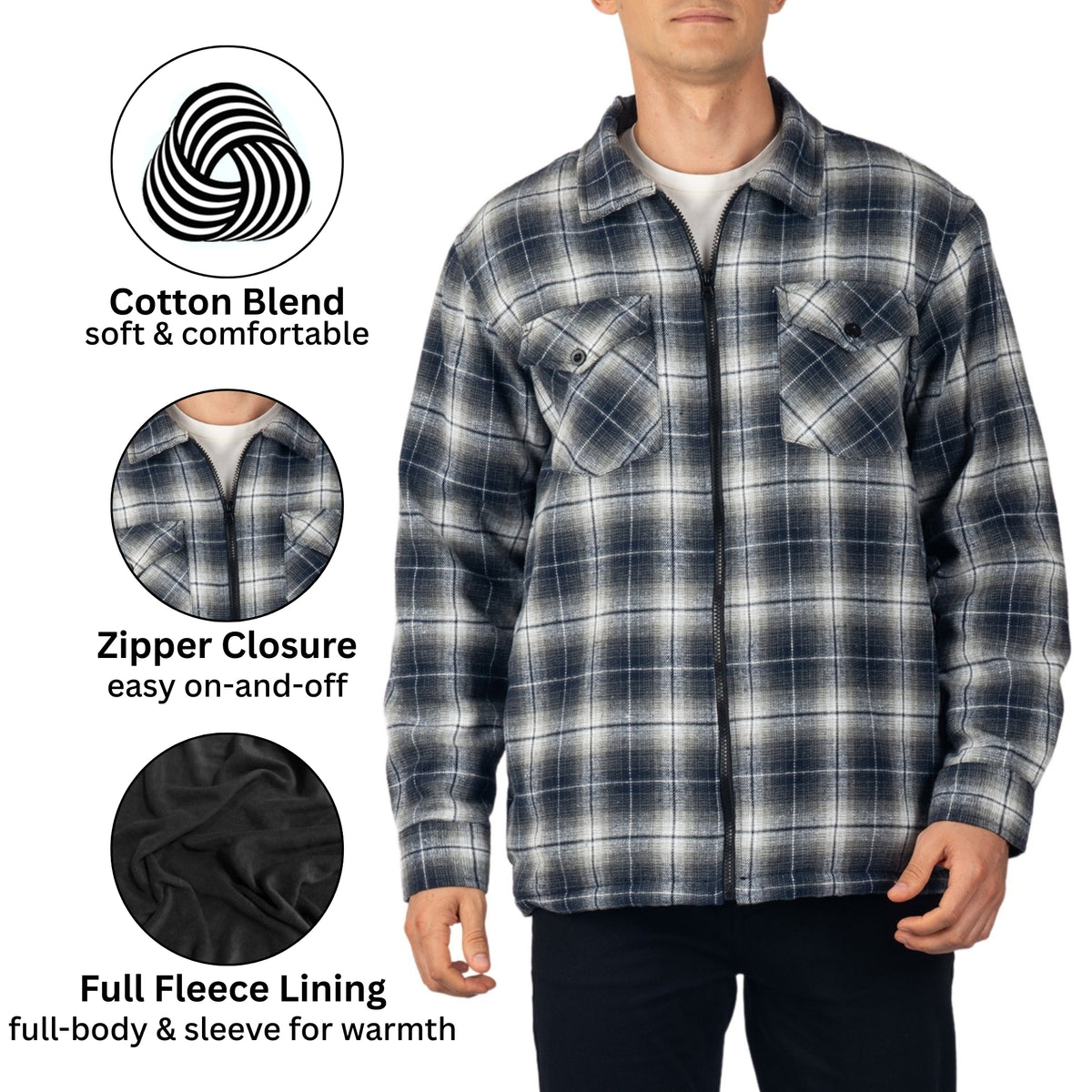 Alpine Swiss Felix Mens Fleece Flannel Jacket Heavyweight Zip-Up Plaid Shacket – Blue Gray