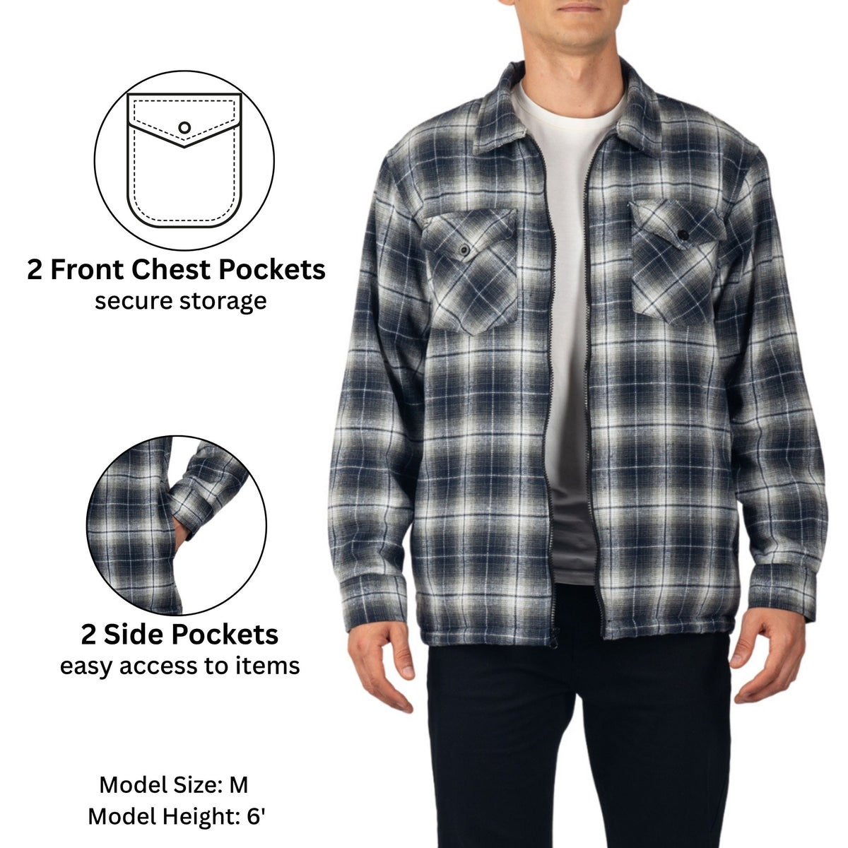 Alpine Swiss Felix Mens Fleece Flannel Jacket Heavyweight Zip-Up Plaid Shacket – Blue Gray