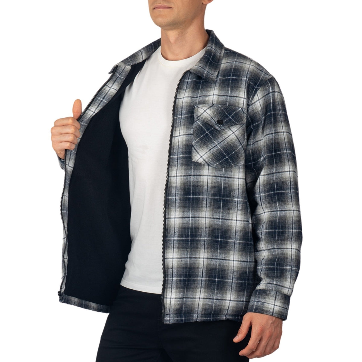 Alpine Swiss Felix Mens Fleece Flannel Jacket Heavyweight Zip-Up Plaid Shacket – Blue Gray