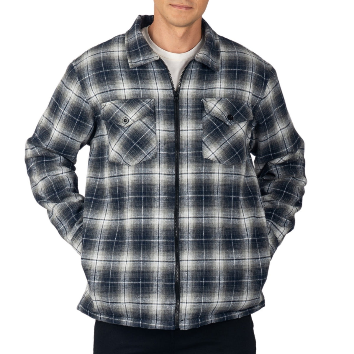 Alpine Swiss Felix Mens Fleece Flannel Jacket Heavyweight Zip-Up Plaid Shacket – Blue Gray