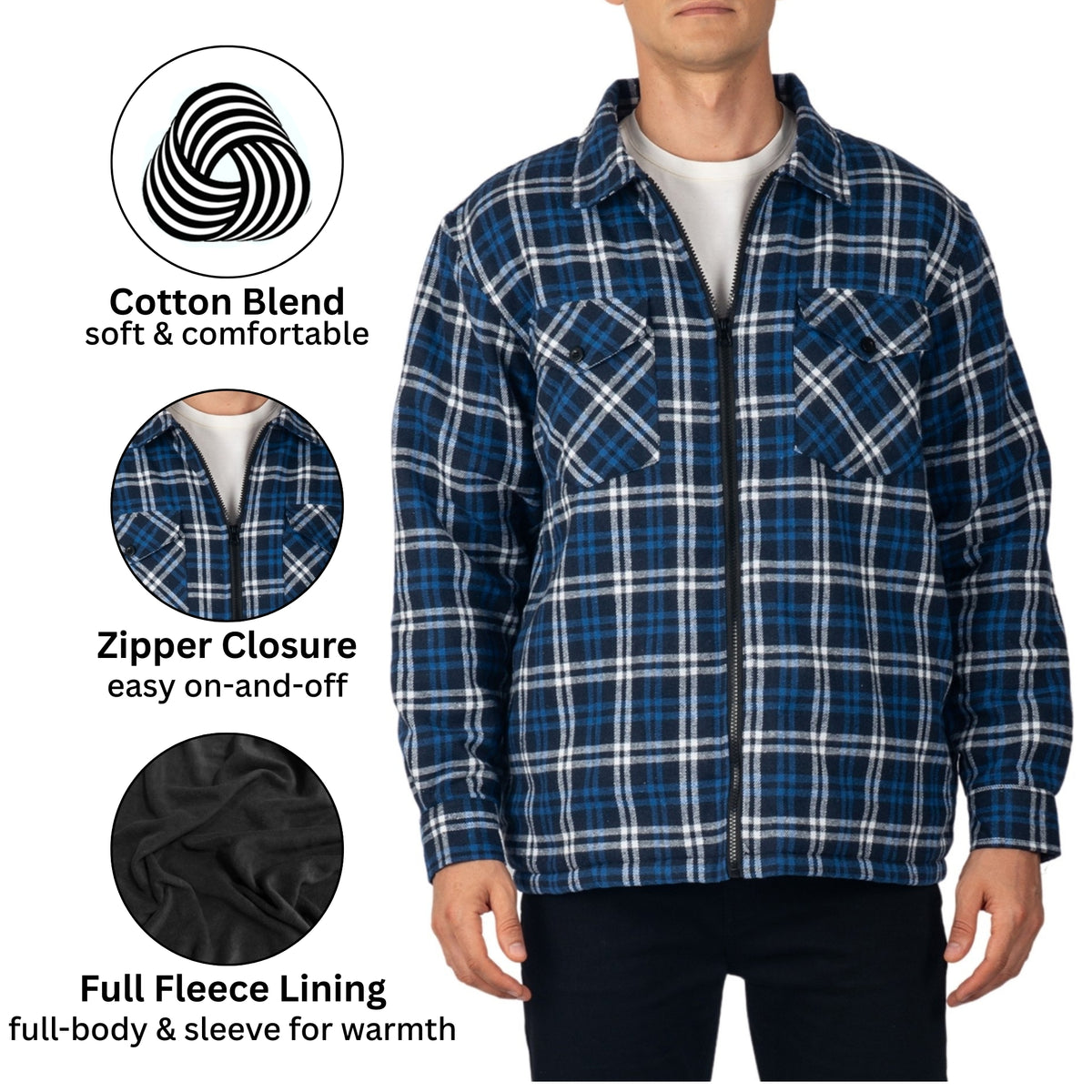 Alpine Swiss Felix Mens Fleece Flannel Jacket Heavyweight Zip-Up Plaid Shacket – Navy Blue