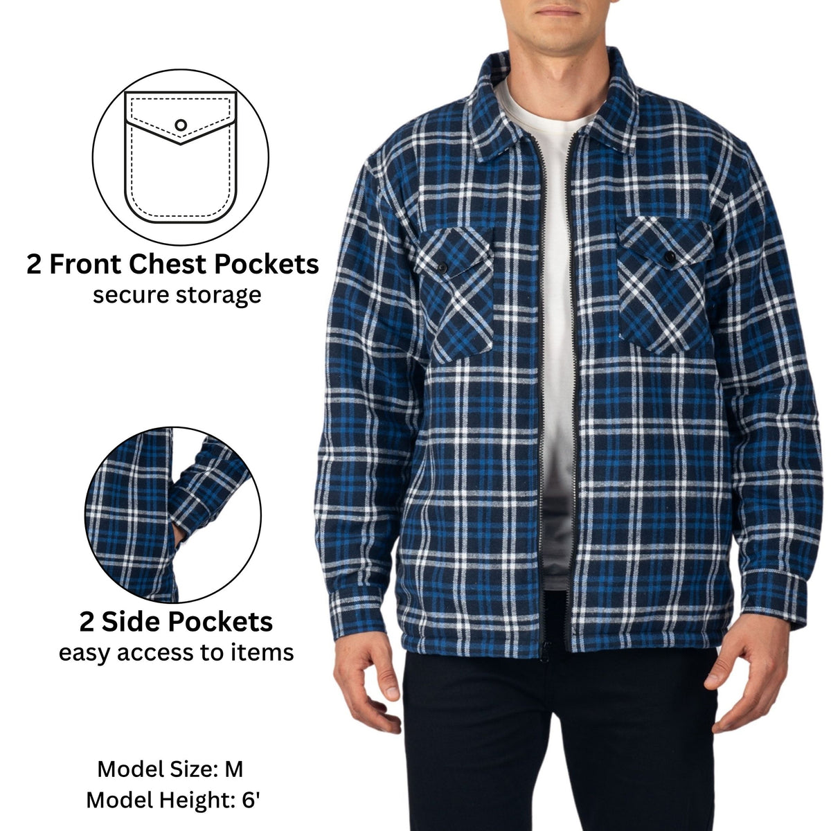 Alpine Swiss Felix Mens Fleece Flannel Jacket Heavyweight Zip-Up Plaid Shacket – Navy Blue