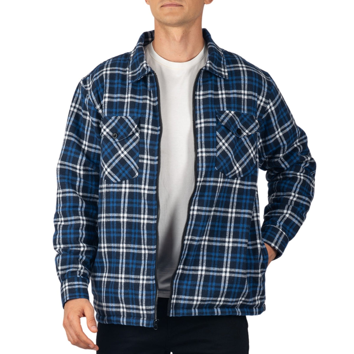 Alpine Swiss Felix Mens Fleece Flannel Jacket Heavyweight Zip-Up Plaid Shacket – Navy Blue