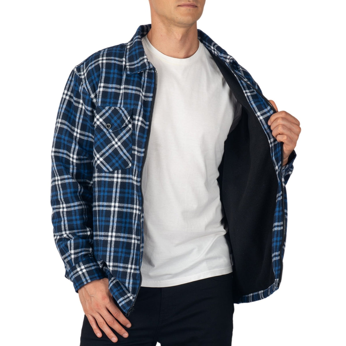Alpine Swiss Felix Mens Fleece Flannel Jacket Heavyweight Zip-Up Plaid Shacket – Navy Blue