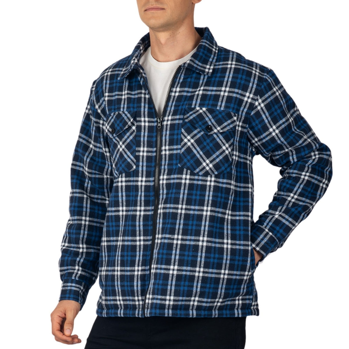 Alpine Swiss Felix Mens Fleece Flannel Jacket Heavyweight Zip-Up Plaid Shacket – Navy Blue