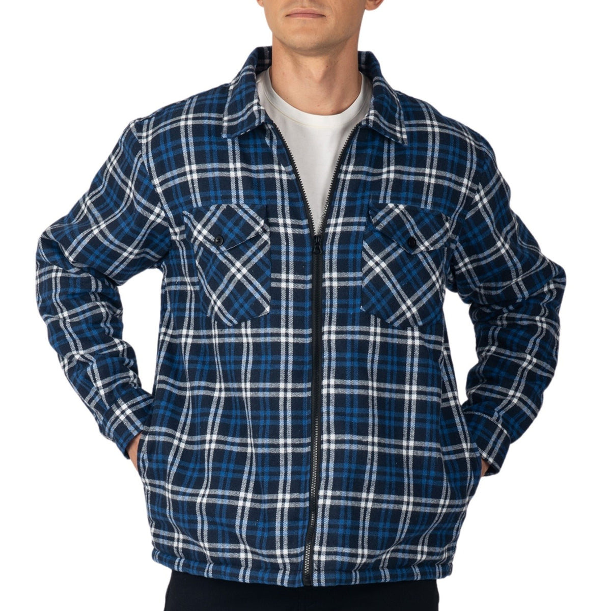 Alpine Swiss Felix Mens Fleece Flannel Jacket Heavyweight Zip-Up Plaid Shacket – Navy Blue