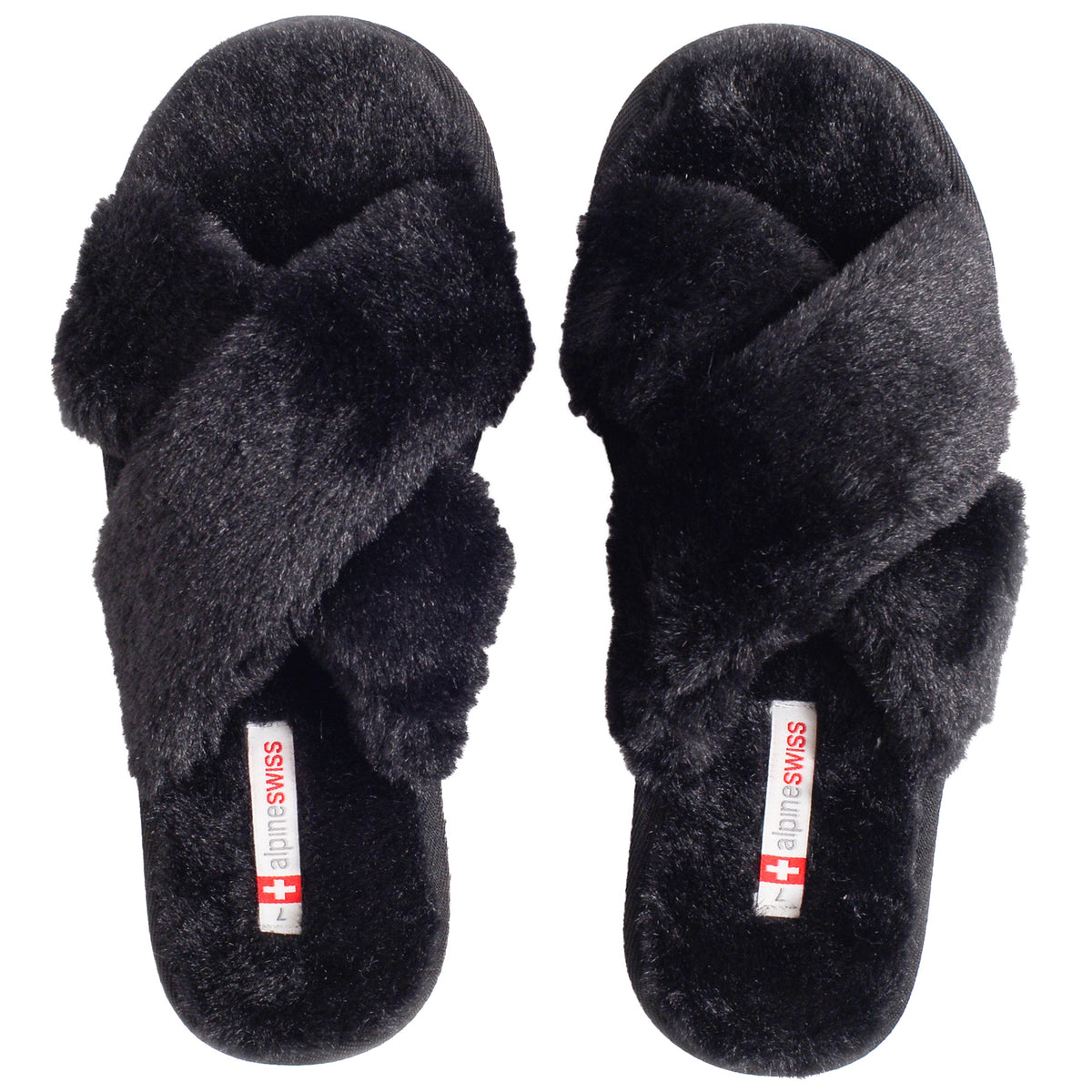 Alpine Swiss Women Fuzzy Fluffy Faux Fur Slippers Memory Foam Indoor House Shoes – Black