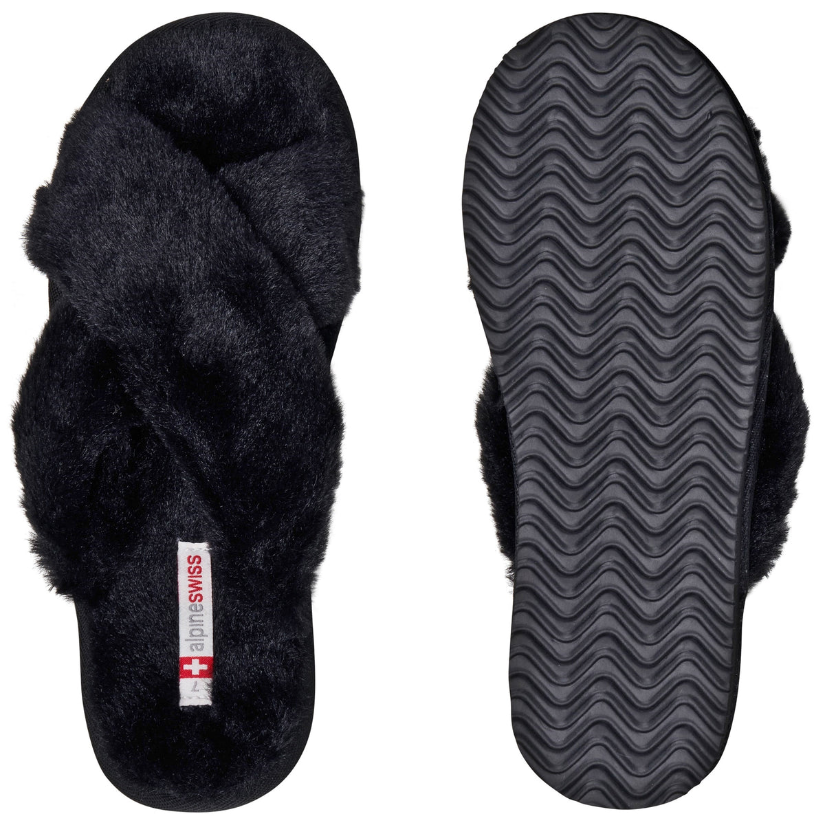 Alpine Swiss Women Fuzzy Fluffy Faux Fur Slippers Memory Foam Indoor House Shoes – Black
