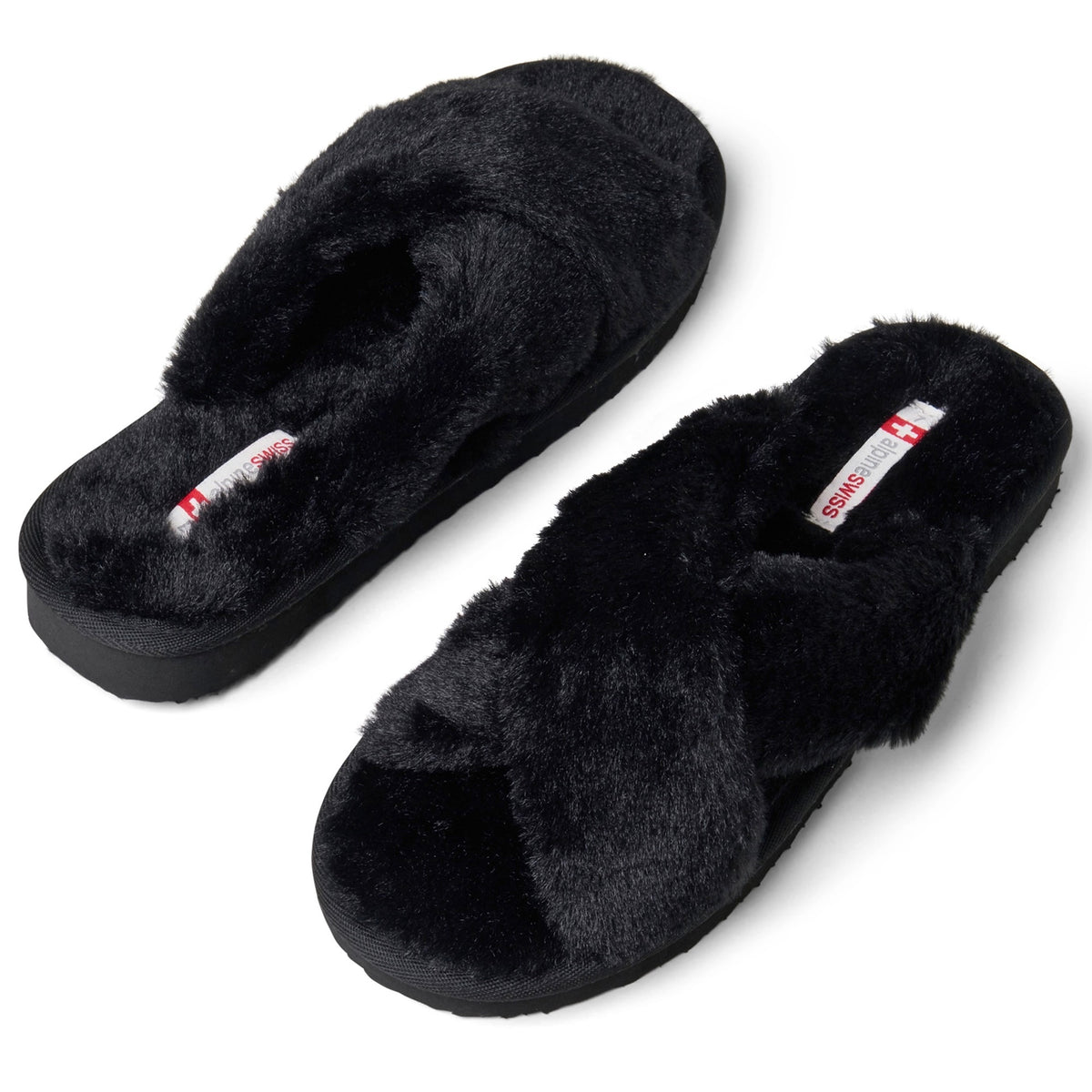 Alpine Swiss Women Fuzzy Fluffy Faux Fur Slippers Memory Foam Indoor House Shoes – Black