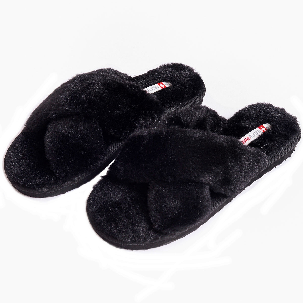 Alpine Swiss Women Fuzzy Fluffy Faux Fur Slippers Memory Foam Indoor House Shoes – Black