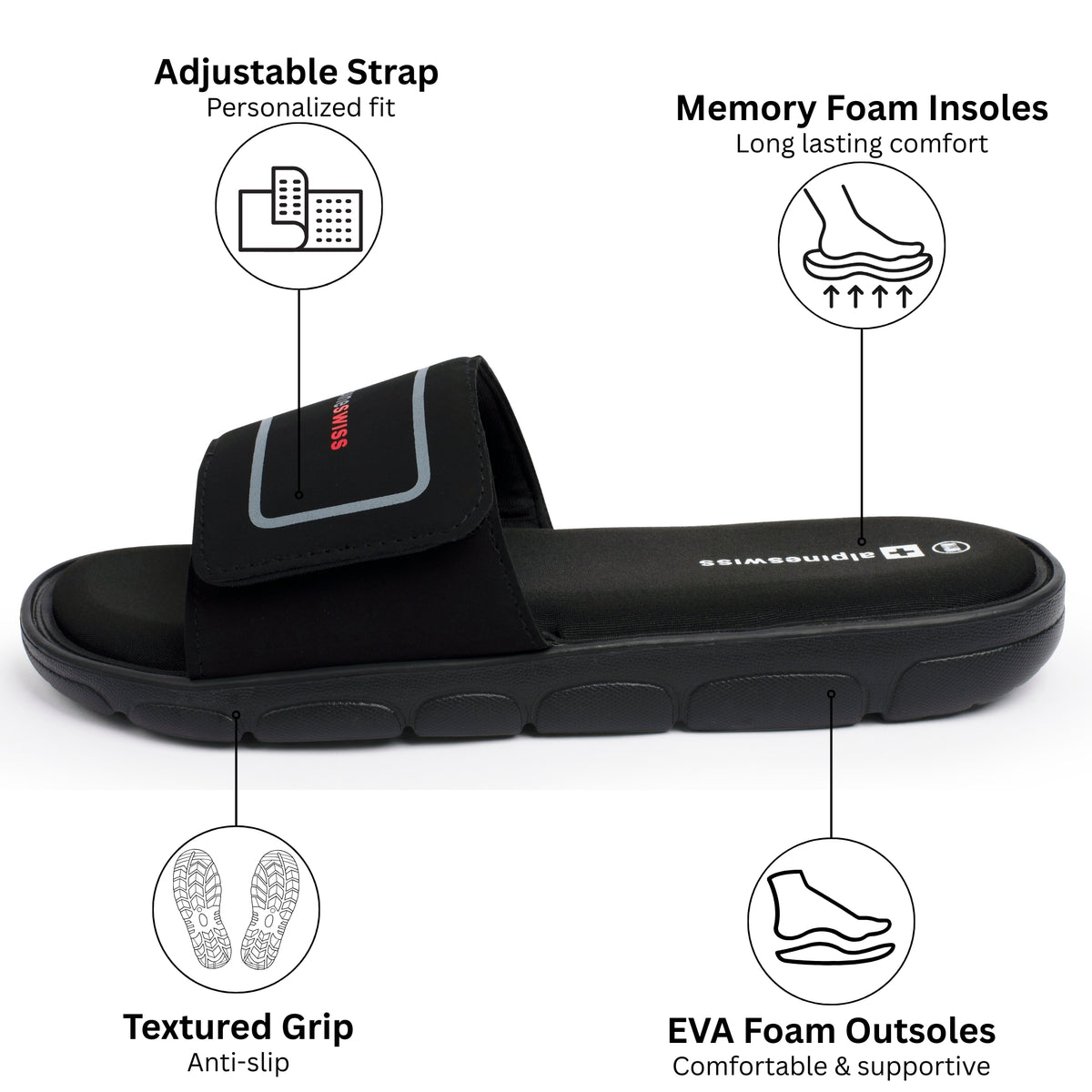 Alpine Swiss Gabe Cloud Slide Sandals For Men Shock-Absorbing Foam Insole With Arch – Black