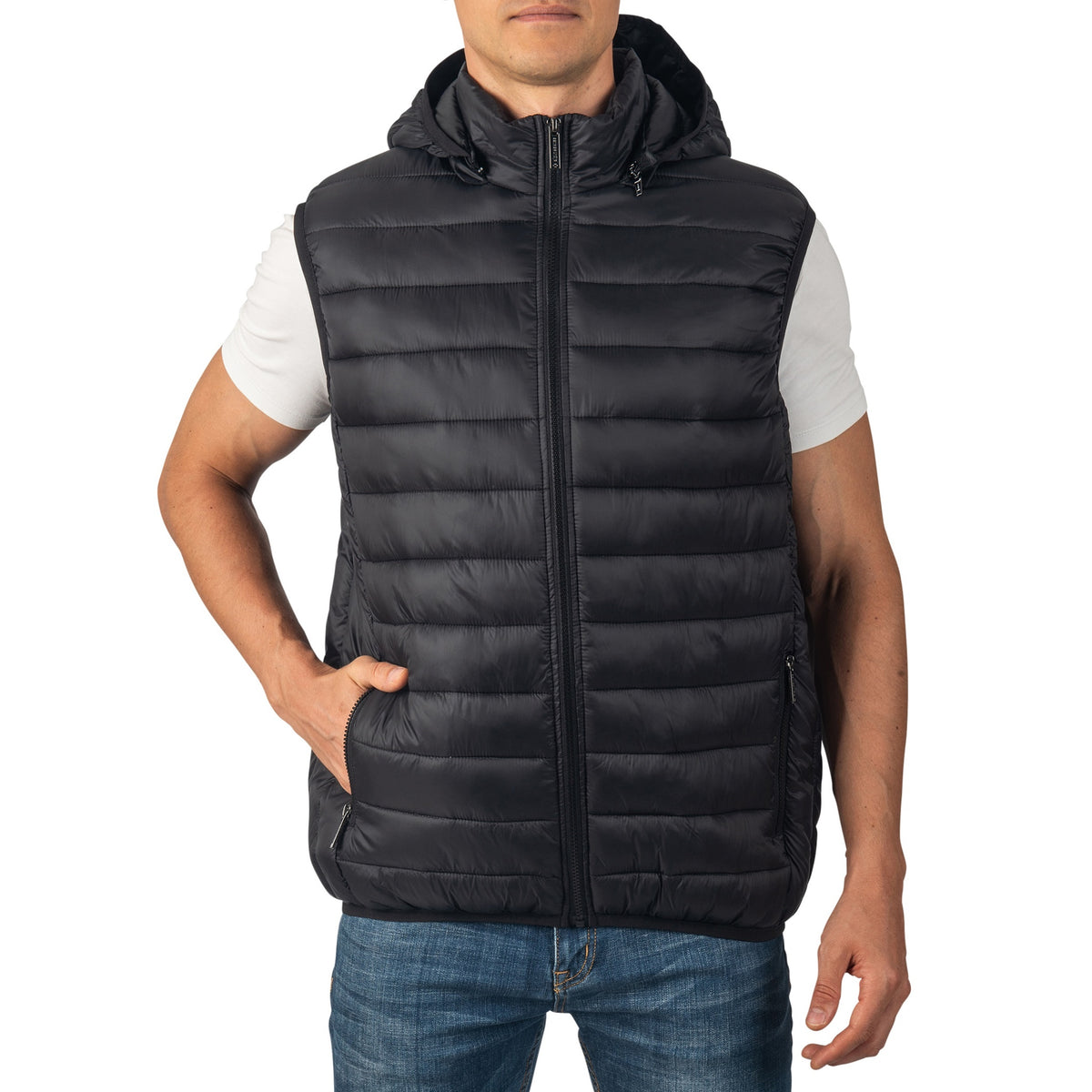Alpine Swiss Gage Mens Hooded Puffer Vest Down Alternative Packable Vest Jacket – Black