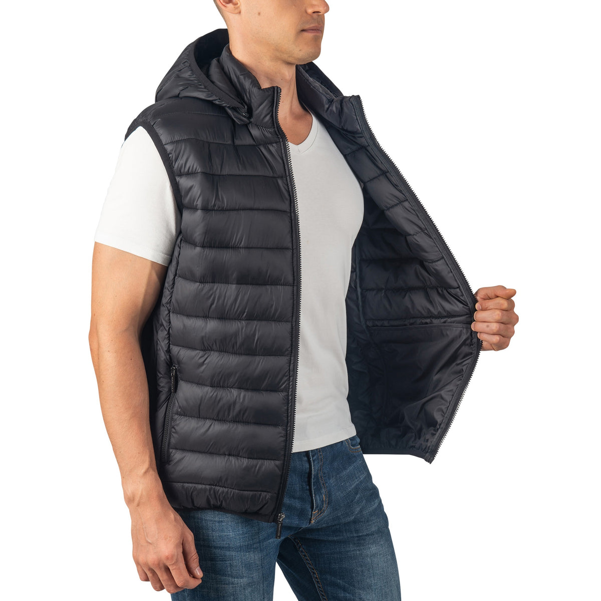 Alpine Swiss Gage Mens Hooded Puffer Vest Down Alternative Packable Vest Jacket – Black