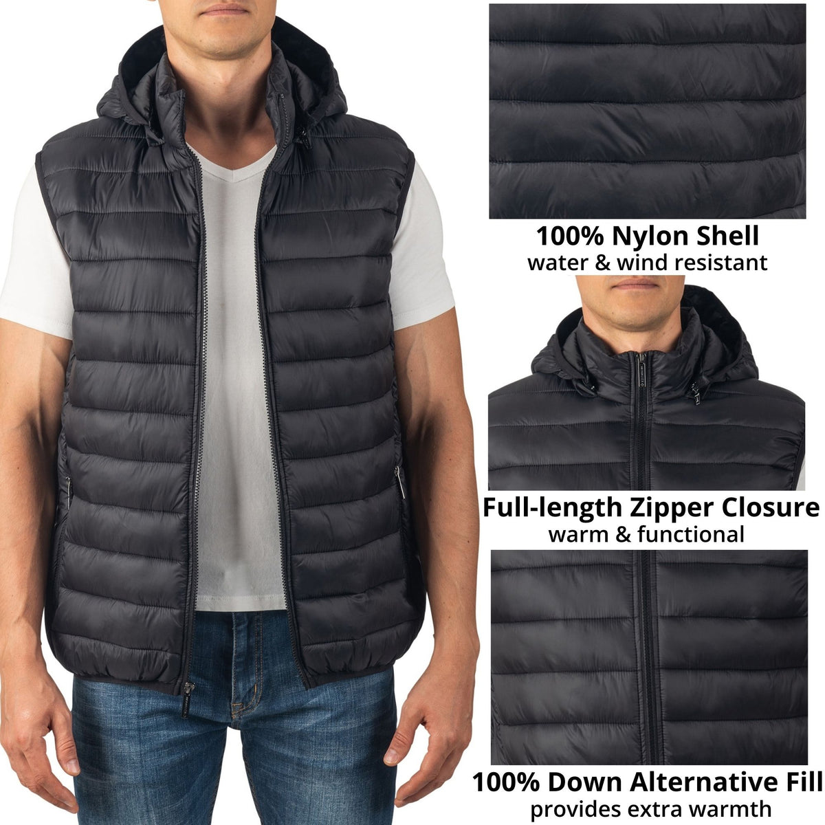 Alpine Swiss Gage Mens Hooded Puffer Vest Down Alternative Packable Vest Jacket – Black