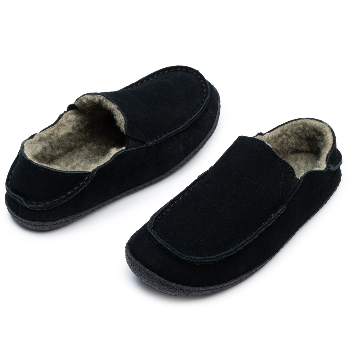 Alpine Swiss Gary Mens Genuine Suede Moccasin Slippers Sherpa Slip On Shoes – Black