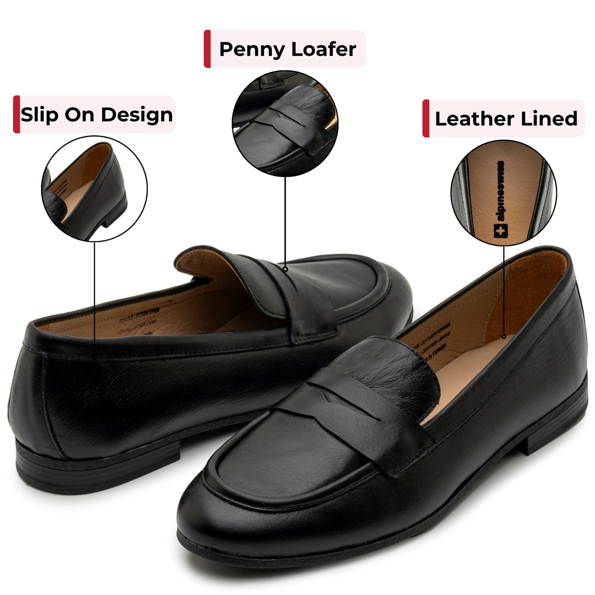 Alpine Swiss Helen Womens Leather Penny Loafers Comfortable Slip On Flat Shoes – Black Leather