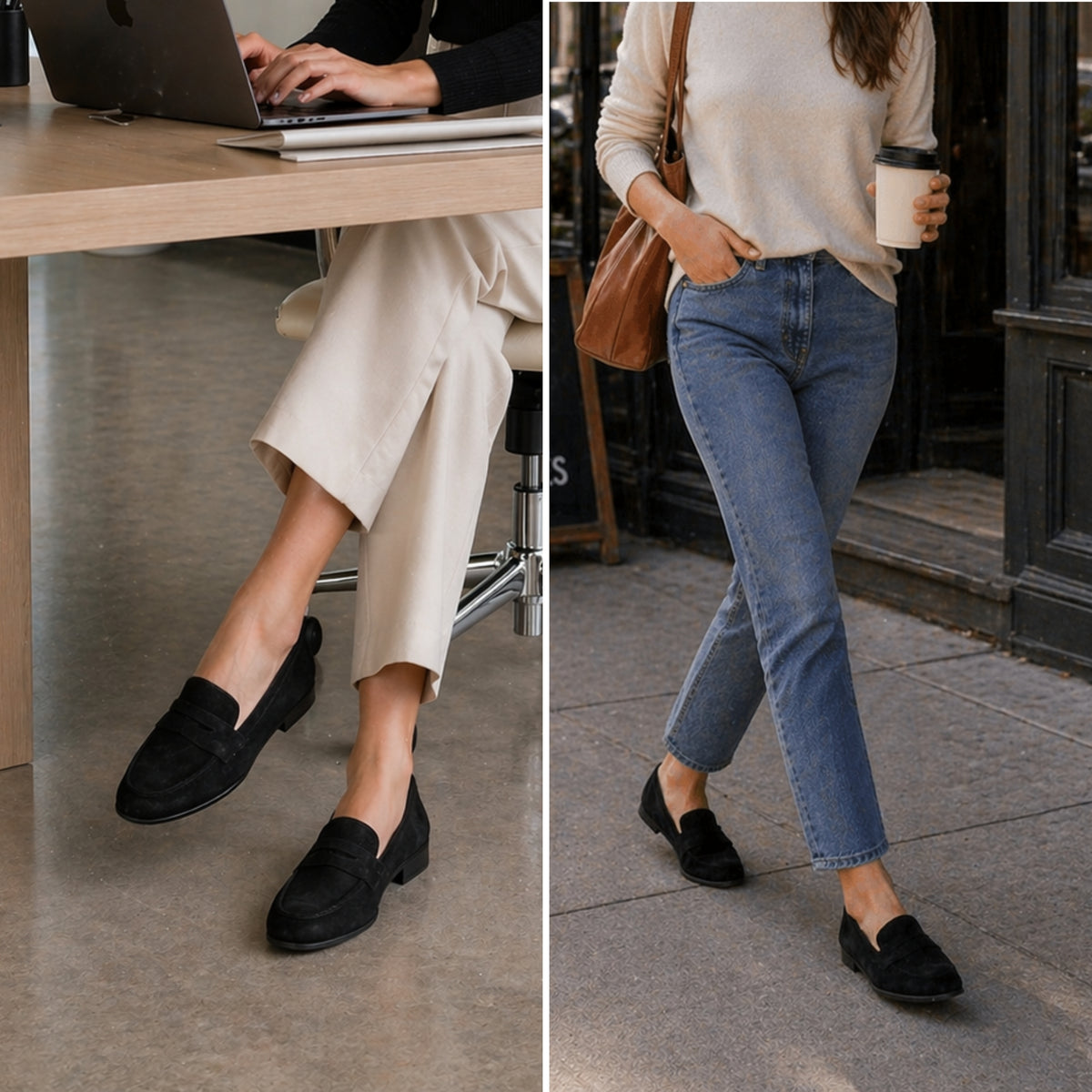Alpine Swiss Helen Womens Leather Penny Loafers Comfortable Slip On Flat Shoes – Black Suede