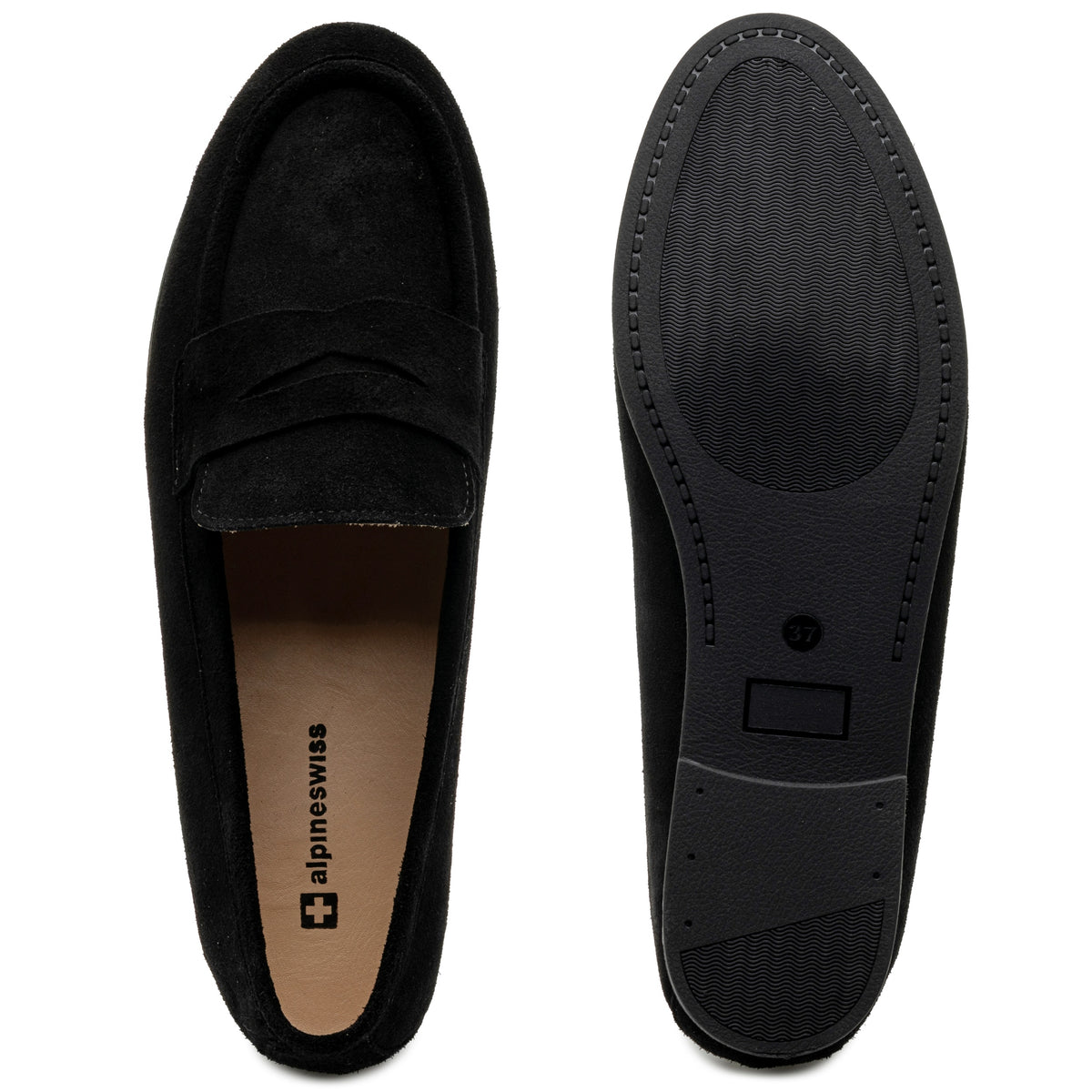 Alpine Swiss Helen Womens Leather Penny Loafers Comfortable Slip On Flat Shoes – Black Suede