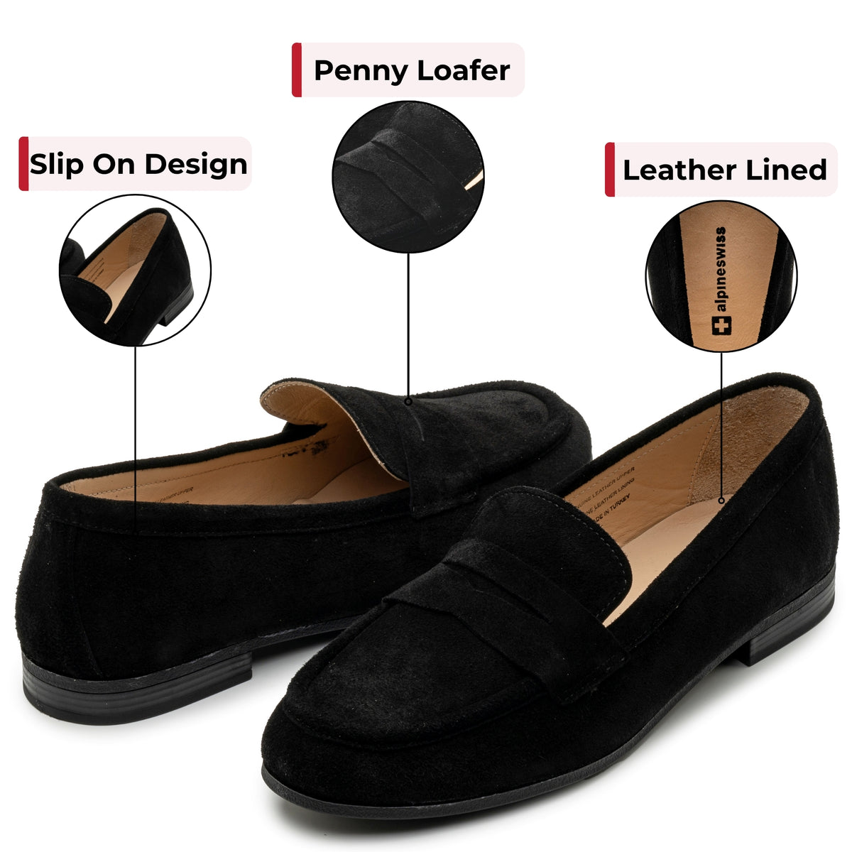 Alpine Swiss Helen Womens Leather Penny Loafers Comfortable Slip On Flat Shoes – Black Suede