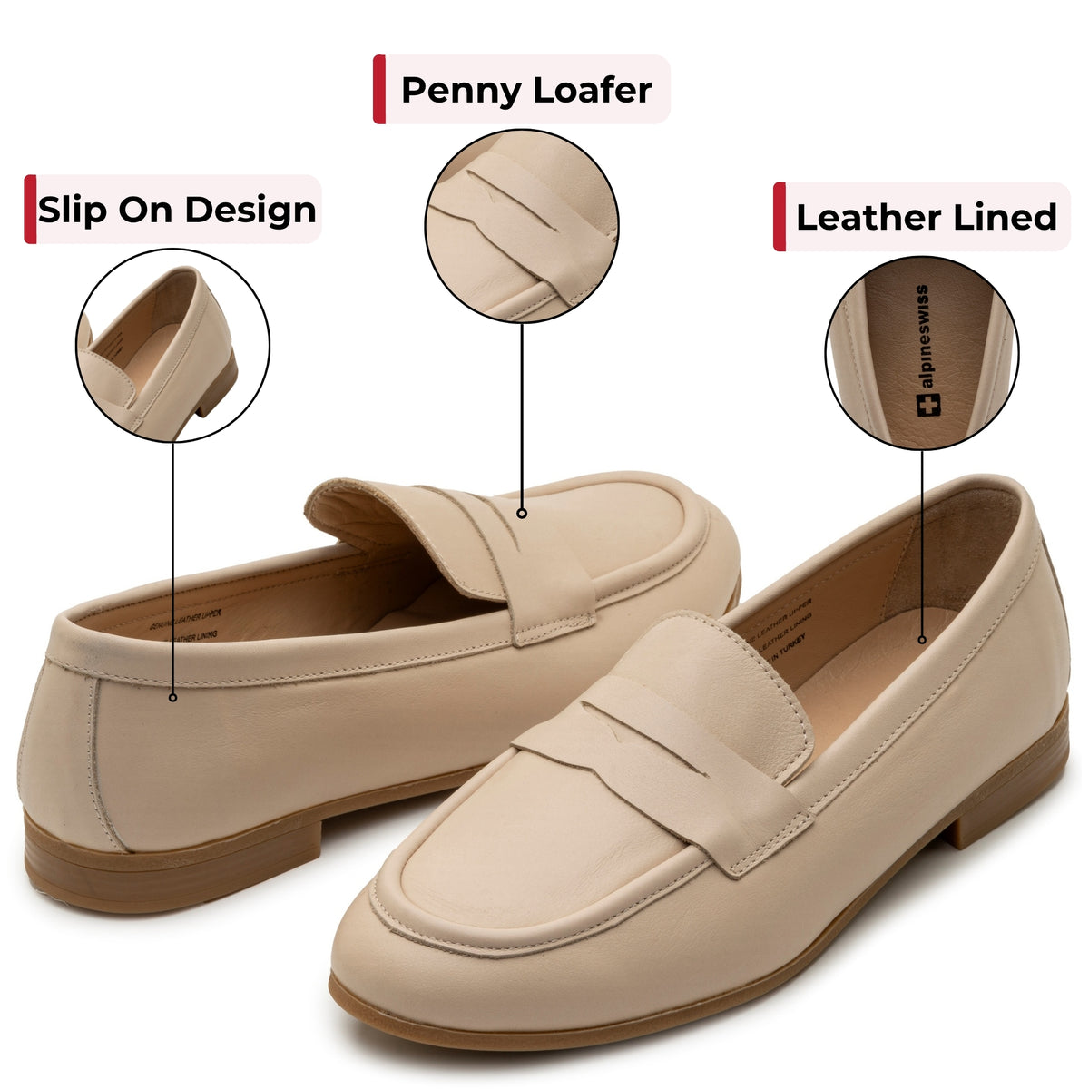 Alpine Swiss Helen Womens Leather Penny Loafers Comfortable Slip On Flat Shoes – Cream Leather