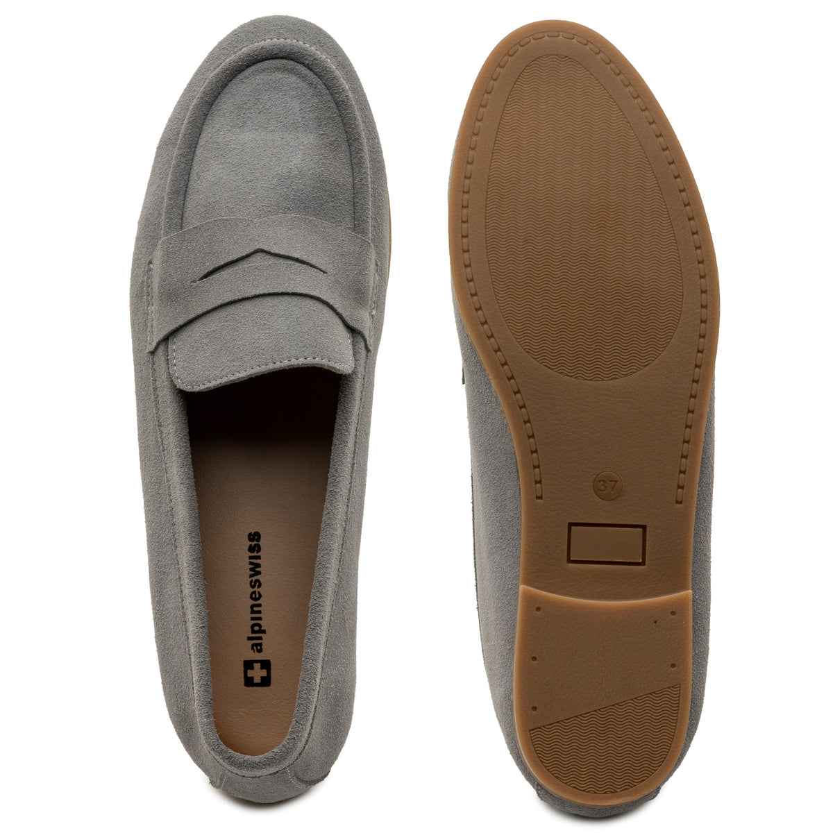Alpine Swiss Helen Womens Leather Penny Loafers Comfortable Slip On Flat Shoes – Gray Suede
