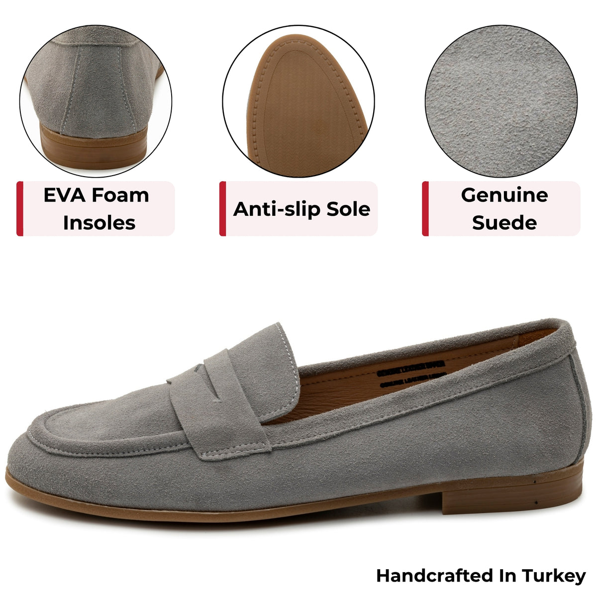 Alpine Swiss Helen Womens Leather Penny Loafers Comfortable Slip On Flat Shoes – Gray Suede