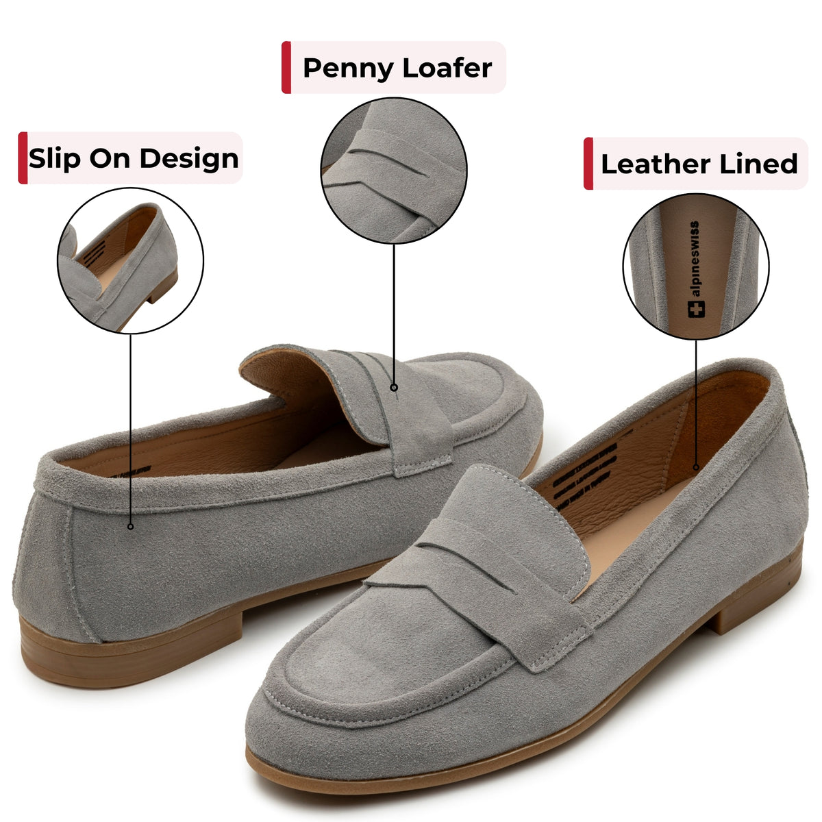 Alpine Swiss Helen Womens Leather Penny Loafers Comfortable Slip On Flat Shoes – Gray Suede