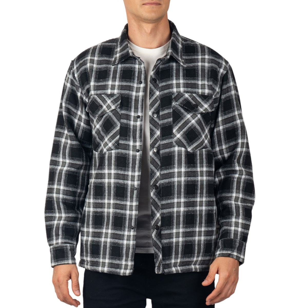 Alpine Swiss Henry Mens Quilted Flannel Jacket Warm Plaid Snap Front Shacket – Black Gray