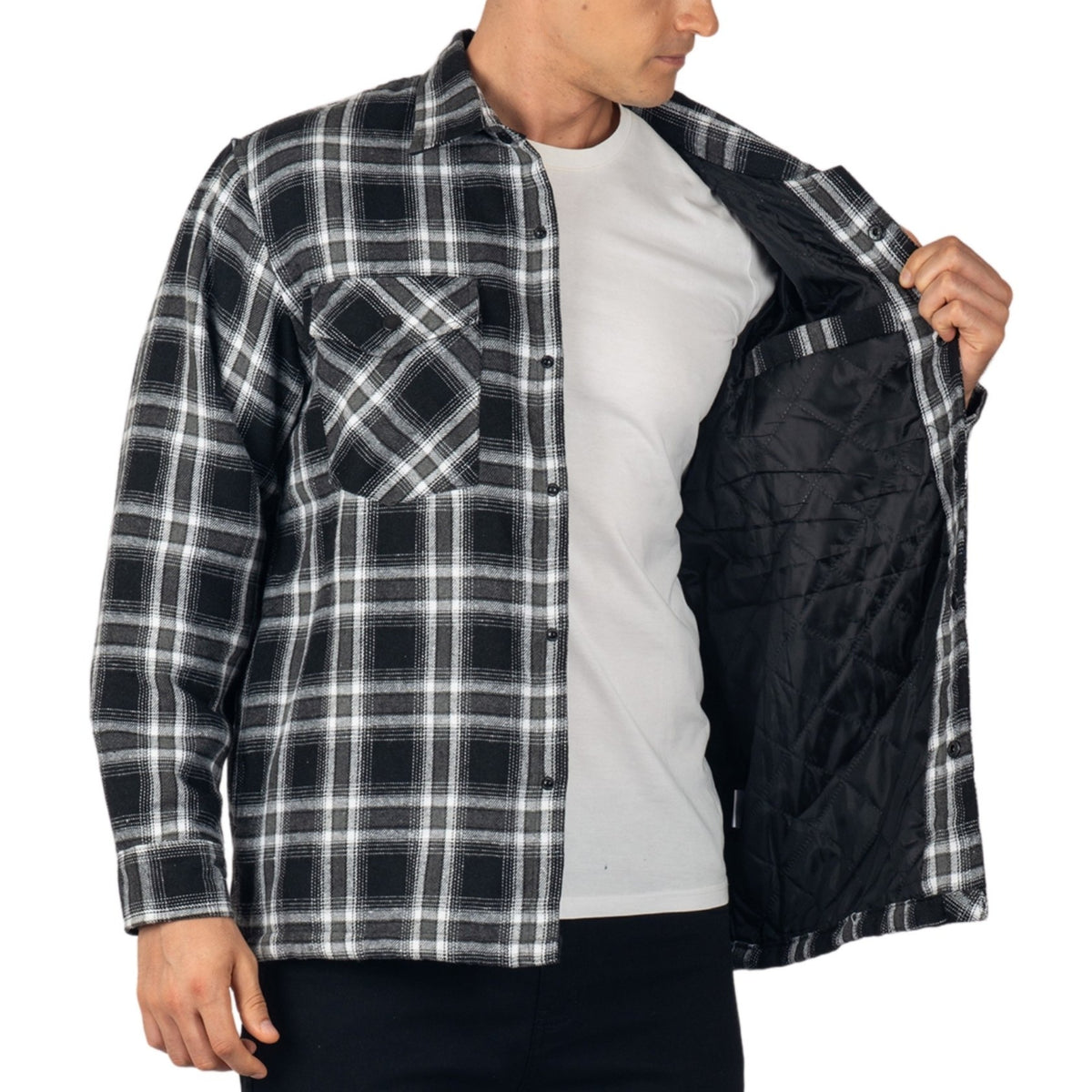 Alpine Swiss Henry Mens Quilted Flannel Jacket Warm Plaid Snap Front Shacket – Black Gray