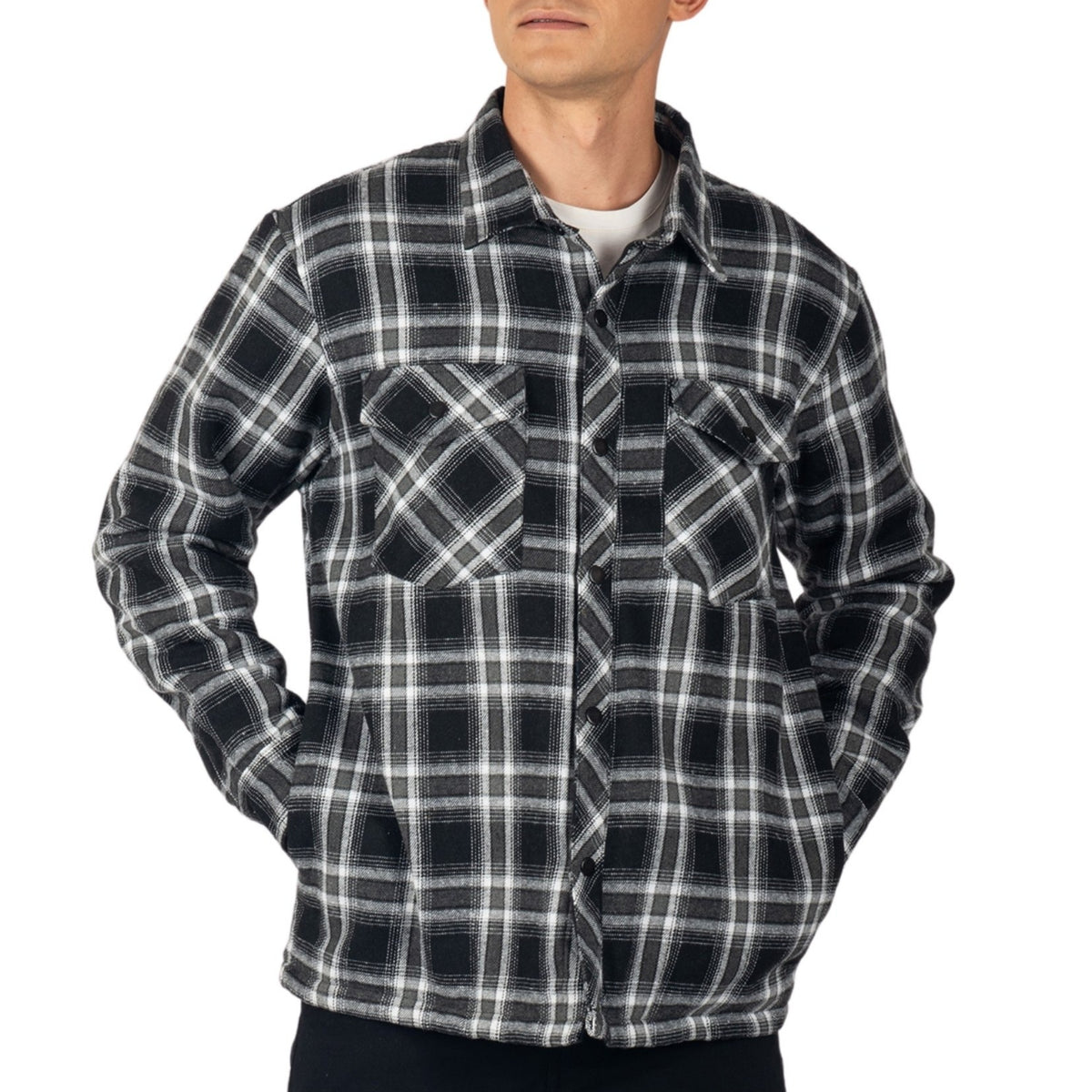 Alpine Swiss Henry Mens Quilted Flannel Jacket Warm Plaid Snap Front Shacket – Black Gray
