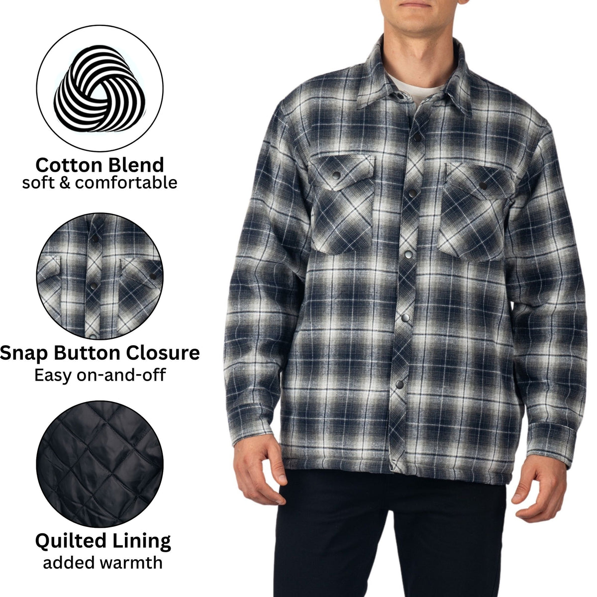 Alpine Swiss Henry Mens Quilted Flannel Jacket Warm Plaid Snap Front Shacket – Blue Gray