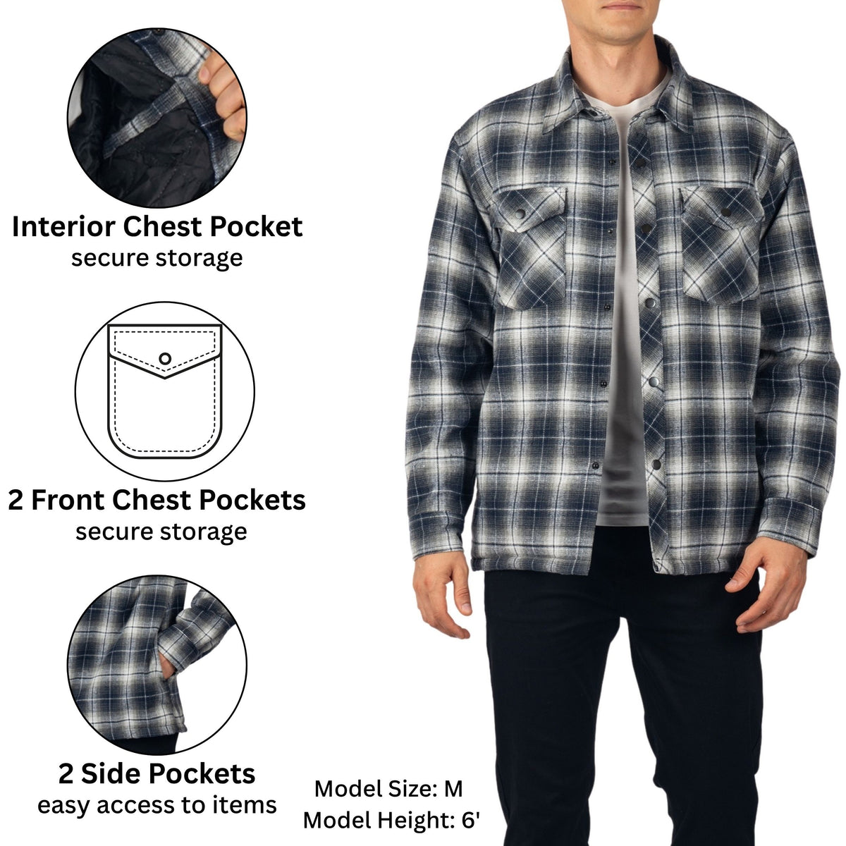 Alpine Swiss Henry Mens Quilted Flannel Jacket Warm Plaid Snap Front Shacket – Blue Gray