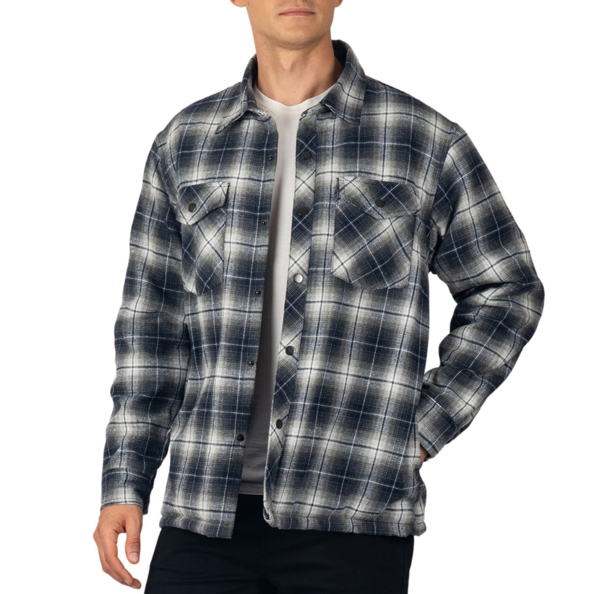 Alpine Swiss Henry Mens Quilted Flannel Jacket Warm Plaid Snap Front Shacket – Blue Gray