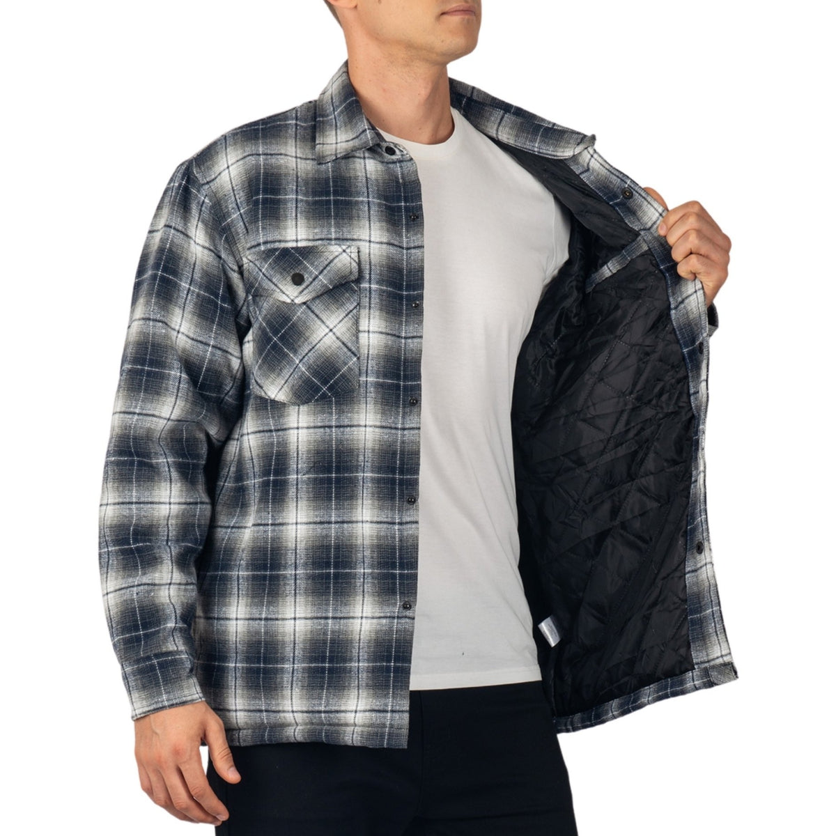 Alpine Swiss Henry Mens Quilted Flannel Jacket Warm Plaid Snap Front Shacket – Blue Gray