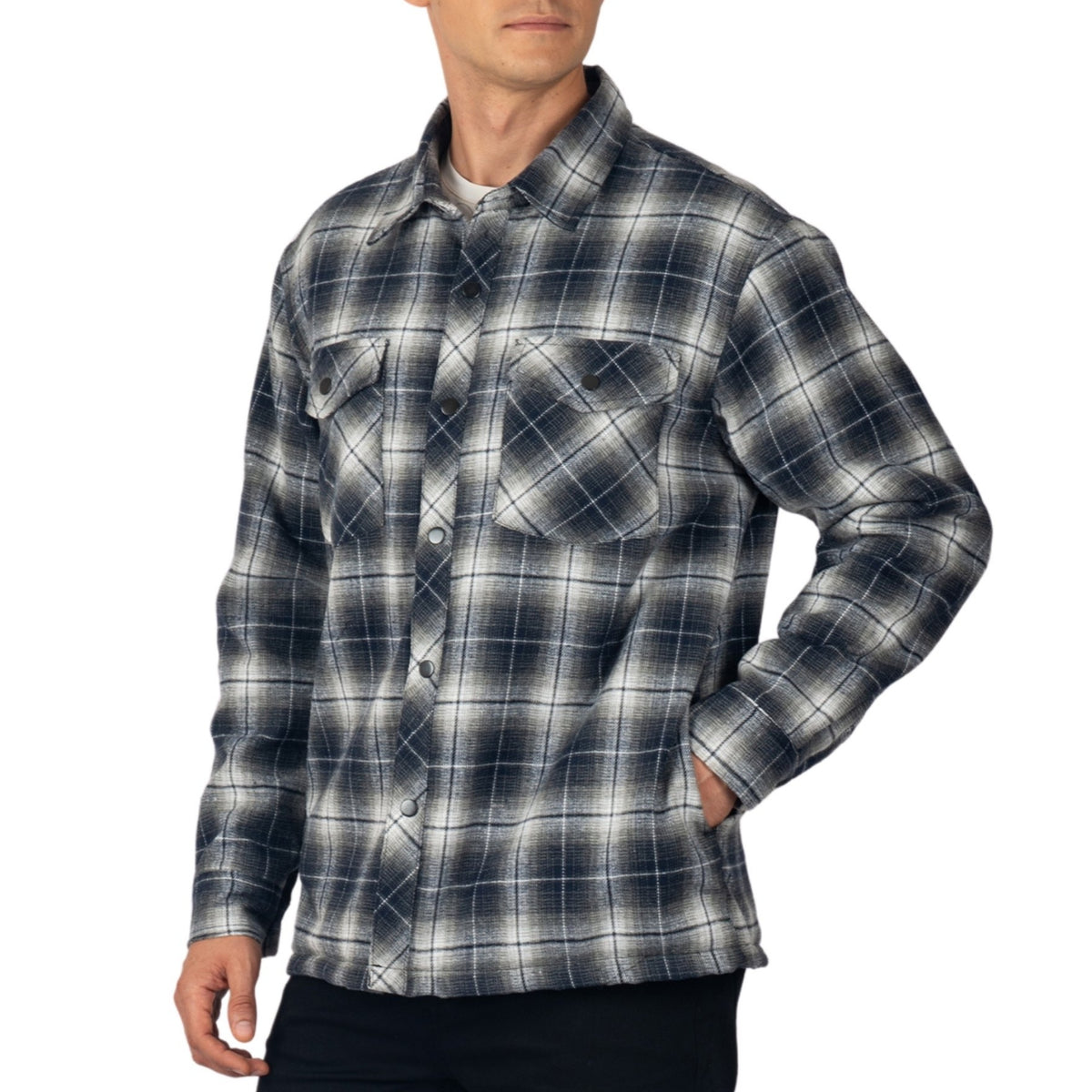 Alpine Swiss Henry Mens Quilted Flannel Jacket Warm Plaid Snap Front Shacket – Blue Gray