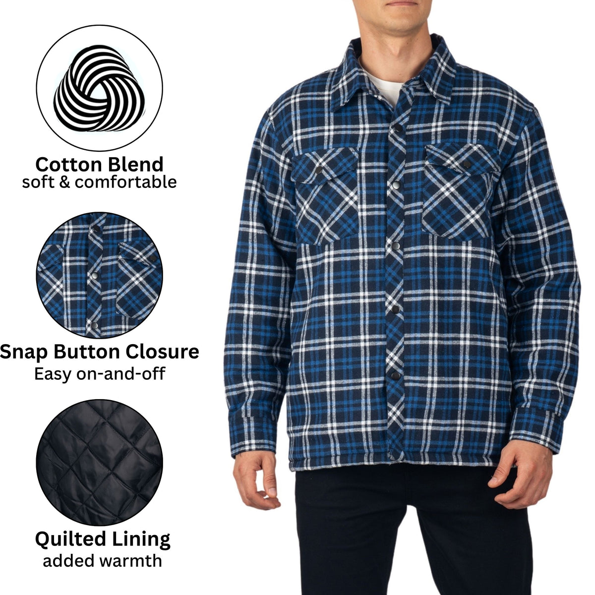 Alpine Swiss Henry Mens Quilted Flannel Jacket Warm Plaid Snap Front Shacket – Navy Blue