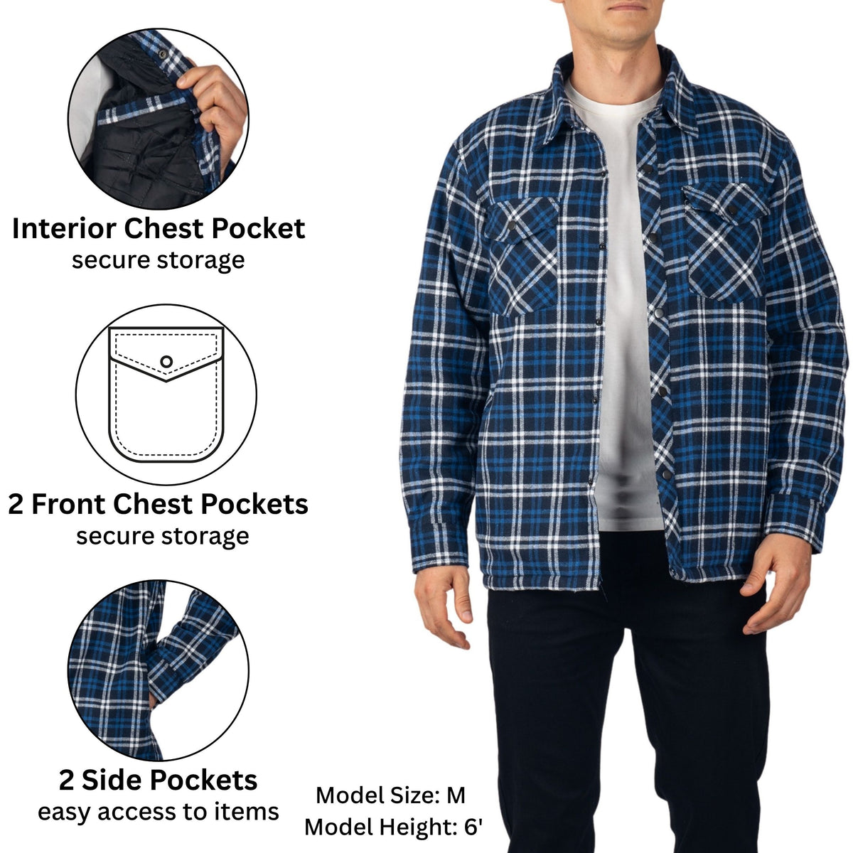 Alpine Swiss Henry Mens Quilted Flannel Jacket Warm Plaid Snap Front Shacket – Navy Blue