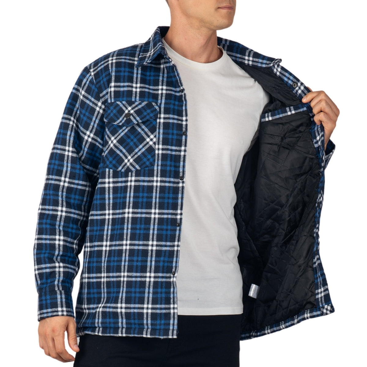Alpine Swiss Henry Mens Quilted Flannel Jacket Warm Plaid Snap Front Shacket – Navy Blue